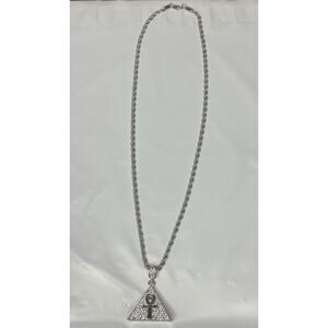 Iced Out Pyramid Pendant Necklace w/ Ankh Symbol Silver Tone 24" Rope Chain 4mm